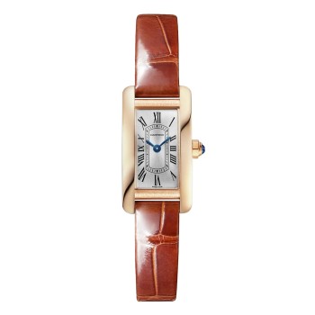 Mini relógio Cartier Tank Americaine, movimento de quartzo, couro, ouro rosa WGTA0132