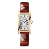 Relógio Cartier Tank Americaine Pequeno com Movimento de Quartzo e Pulseira de Couro em Ouro Rosa WGTA0133