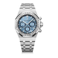Réplica do Audemars Piguet Royal Oak Chronograph 38 em ouro branco com diamantes e mostrador azul claro 26318BC.ZZ.1256BC.01