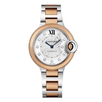 Relógio Cartier Ballon Bleu 33 mm em aço com mostrador em ouro rosa e diamantes W3BB0006
