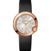 Relógio Cartier Ballon Bleu feminino com mostrador prateado, pulseira de couro e ouro rosa 18K (WGBL0008).