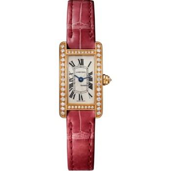 Réplica em miniatura do Cartier Tank Americaine, modelo feminino em ouro rosa 18k e diamantes WJTA0026