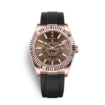 Rolex Sky-Dweller com bracelete Oysterflex em ouro Everose 18 quilates e mostrador chocolate. Rolex Sky-Dweller com bracelete Oysterflex em ouro Everose 18 quilates e mostrador chocolate.